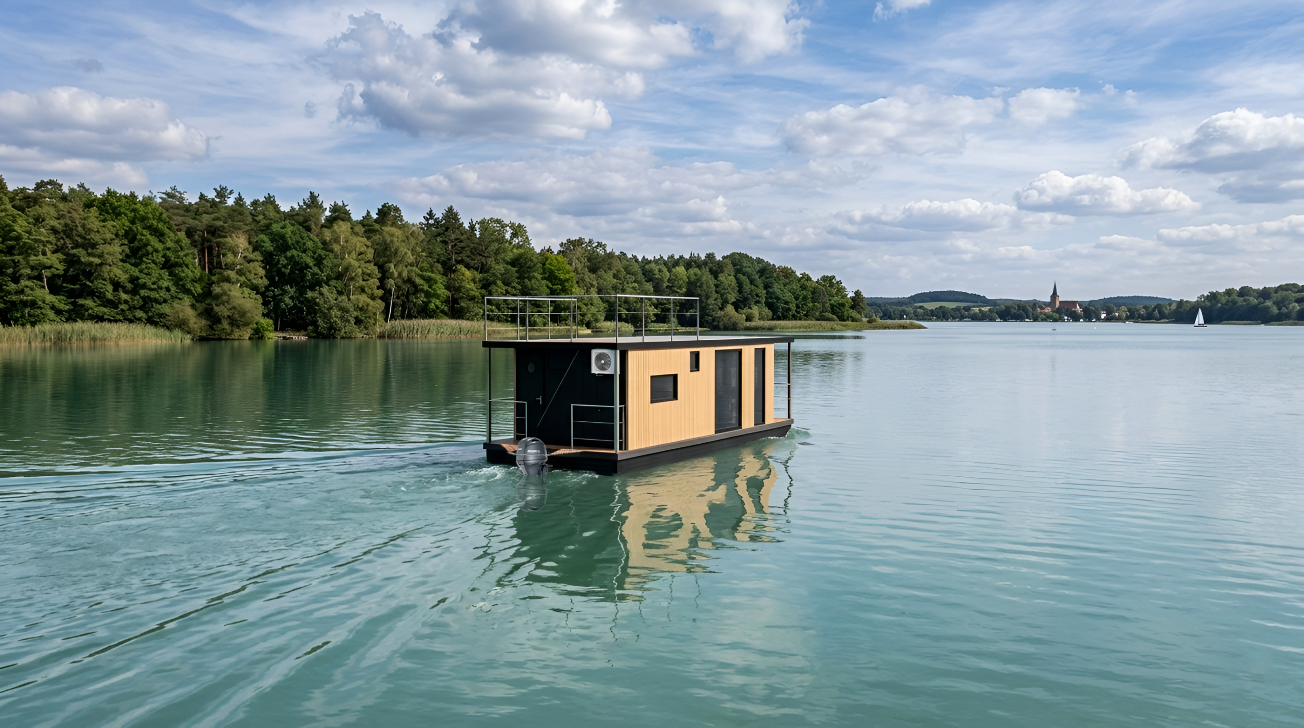 Elektrisch betriebenes Hausboot der Hausbootvermietung „leise los Hausboote“ auf einem See in Brandenburg