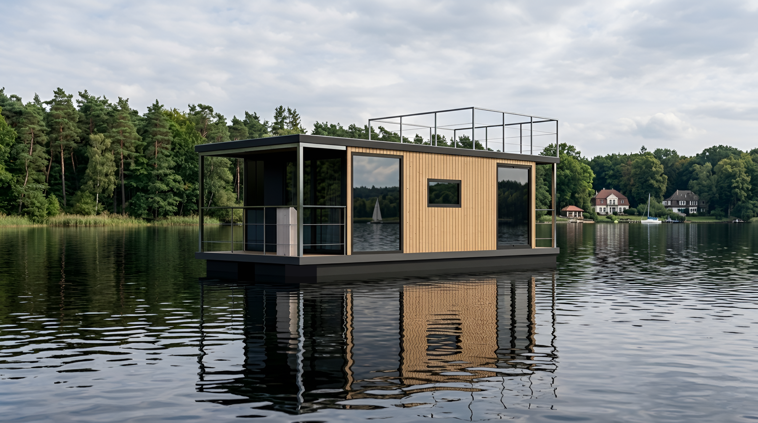 Die Lux ‒ ein elektrisch betriebenes Hausboot der Hausbootvermietung „leise los Hausboote“ ‒ auf einem See in Brandenburg