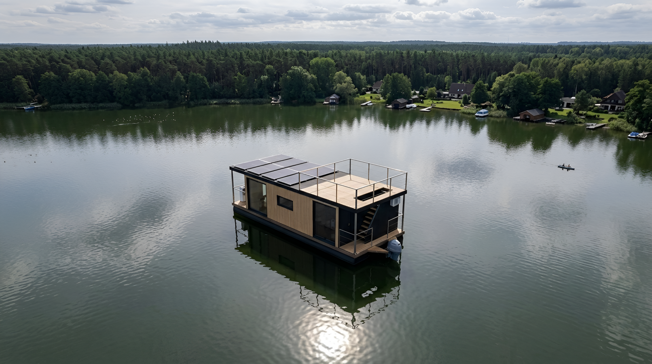 Drohnenaufnahme eines elektrisch betriebenen Hausboots mit Solaranlage und Dachterrasse der Hausbootvermietung „leise los Hausboote“ auf einem See in Brandenburg