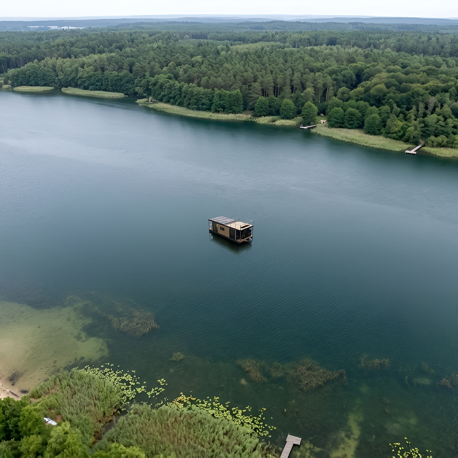 Drohnenaufnahme eines elektrisch betriebenen Hausboots der Hausbootvermietung „leise los Hausboote“ auf einem See in Brandenburg