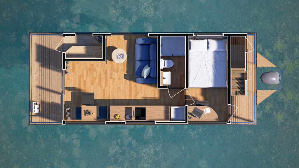 Grundriss der Lux ‒ einem elektrisch betriebenen Hausboot der Hausbootvermietung „leise los Hausboote“