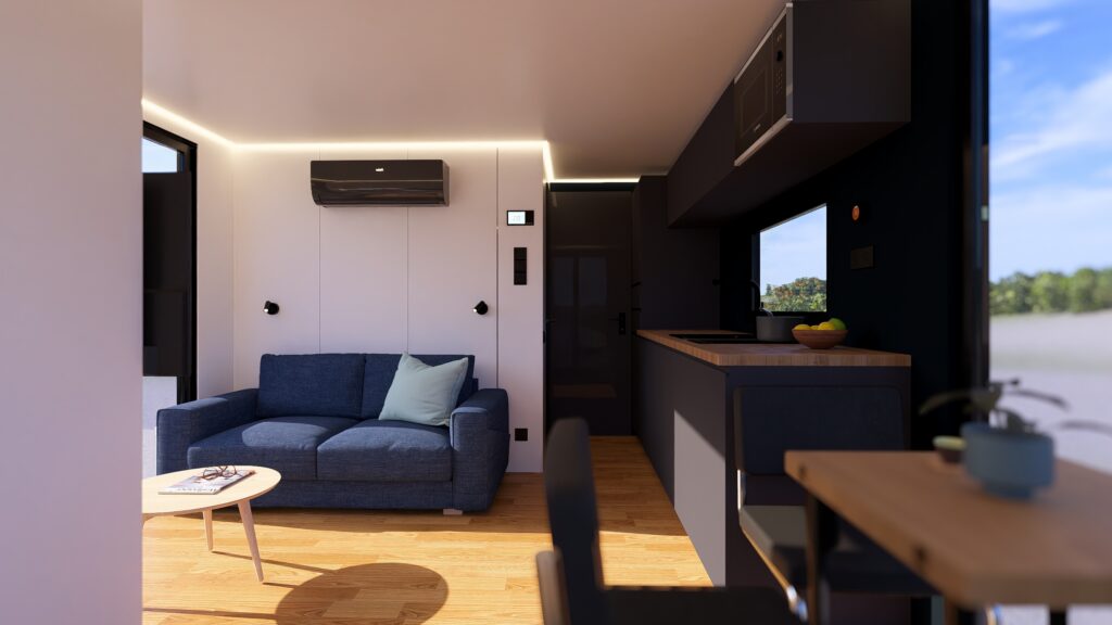 Wohnzimmer-Ansicht der Lux ‒ einem elektrisch betriebenen Hausboot der Hausbootvermietung „leise los Hausboote“