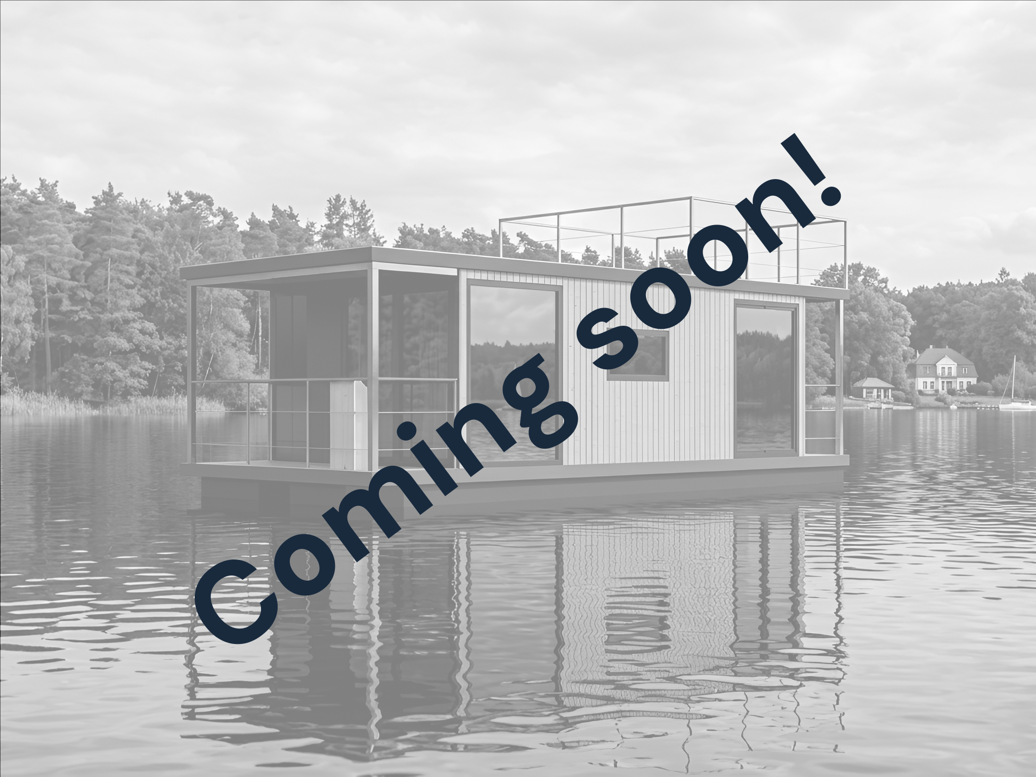 Rendering eines Hausboots der Hausbootvermietung „leise los Hausboote“ mit der Textaufschrift „Coming soon!“