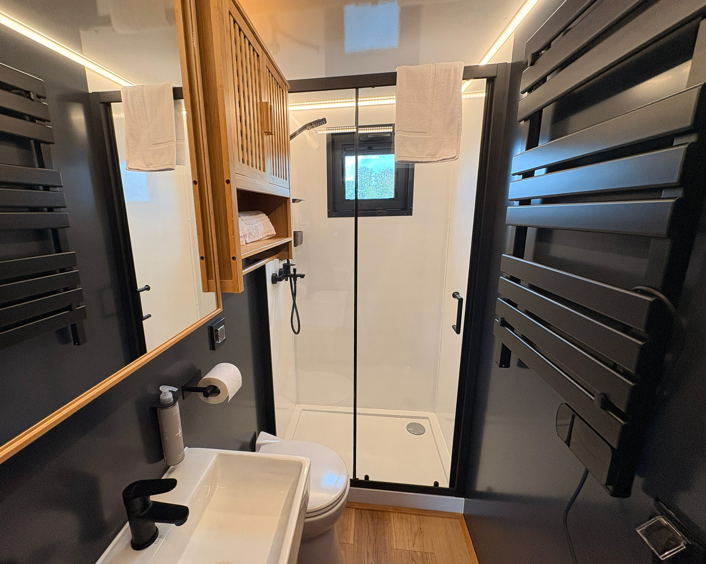 Badezimmer der Lux ‒ einem elektrisch betriebenen Hausboot der Hausbootvermietung „leise los Hausboote“